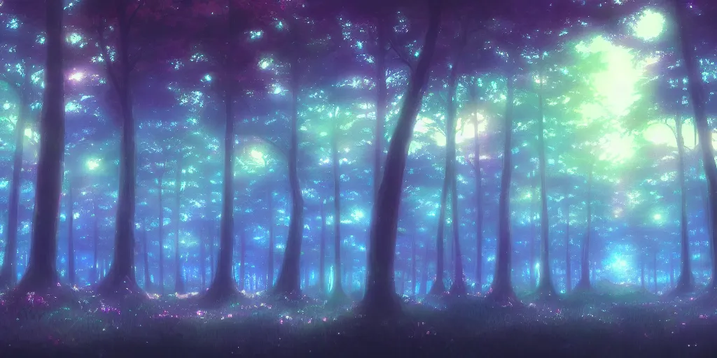 Image similar to beautiful anime painting of a psychedelic forest, glowing trees, nighttime, by makoto shinkai, koto no ha no niwa, artstation, atmospheric.