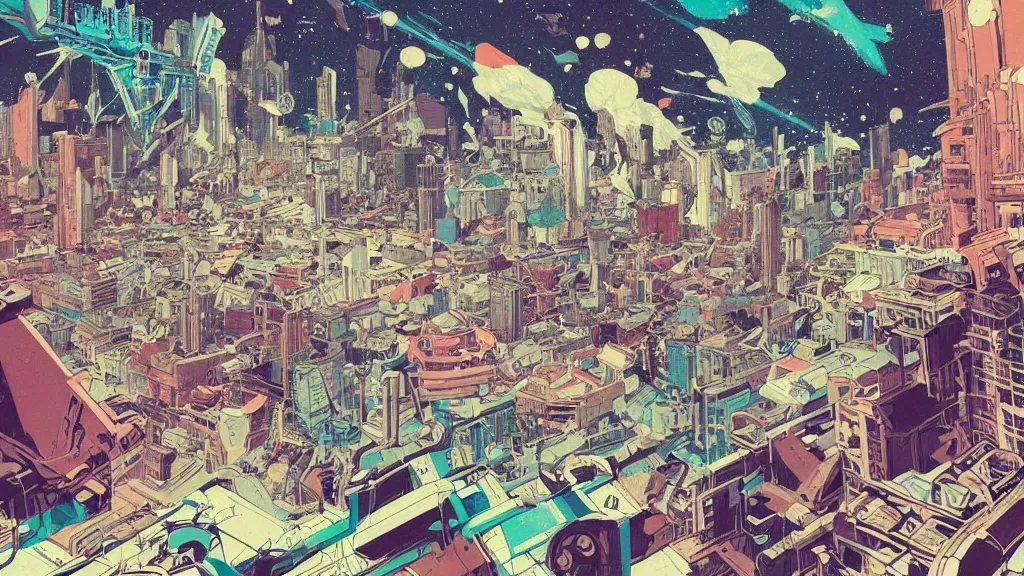 Image similar to colourful prophet graphic novel, ilya kuvshinov, mcbess, rutkowski, simon roy, roset, kuvshinov, illustration of decrepit cyberpunk arcologies in dystopian megalopolis ruins with spaceship debris floating in space, wide shot, high contrast colors, very anime!!! anime!! intricate details, deep shadows, astrophotography