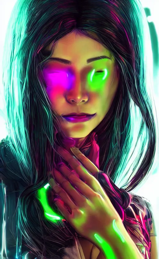 Image similar to a cyberpunk girl wearing neon hoodie, chrome, neon light, japan, perfect face, high detailed, realistic, preatty face, asian, long hair, cyberpunk, geisha, arcane style, 3 d mix with 2 d