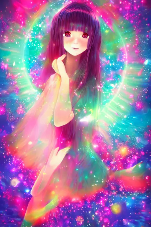 Image similar to psychedelic, whimsical, anime, 4k, beautiful intimate woman with professional makeup, long trippy hair, a crystal and flower dress, sitting in on a reflective pond underneath the stars, rainbow fireflies, trending on patreon, deviantart, twitter, artstation, volumetric lighting, heavy contrast, art style of Ross Tran and Ilya Kuvshinov