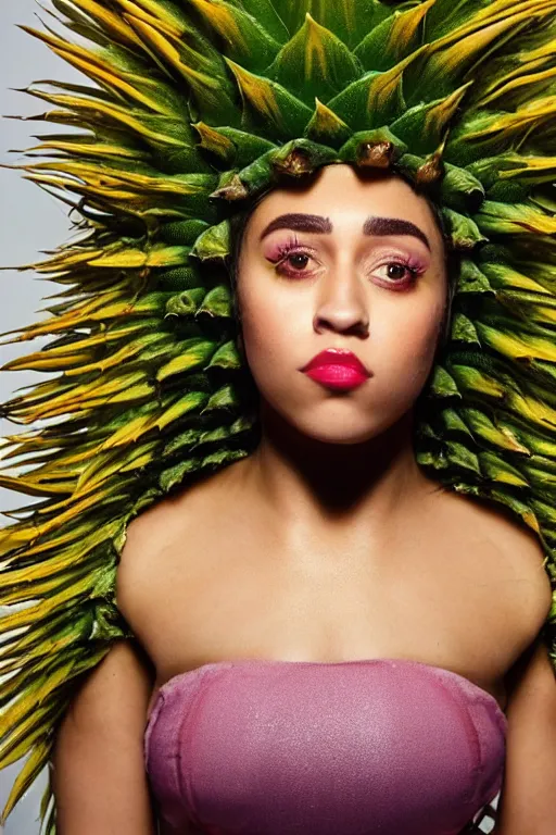 Image similar to doja cat as a pineapple, human face in the shape of a pineapple, professional food photography