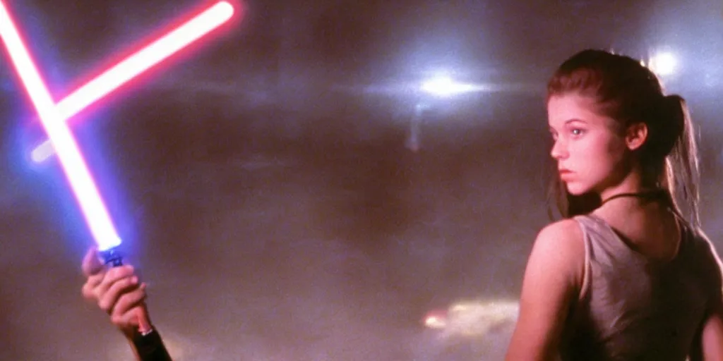 Image similar to a full color still of a teen brunette girl with her hair up holding a lightsaber with a sci-fi battle in the background, cinematic lighting, 1999, directed by Steven Spielberg, 35mm