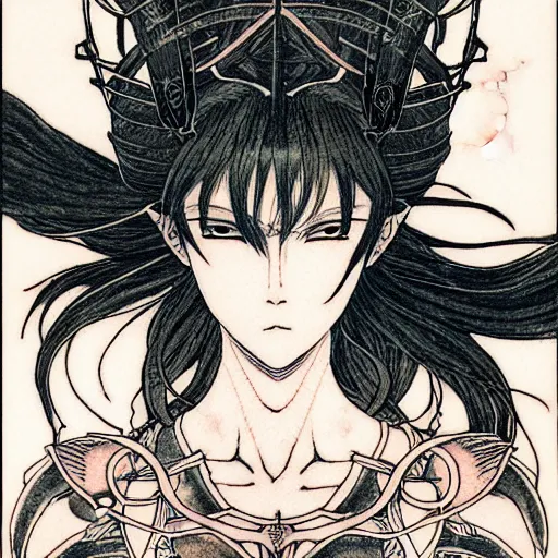 Image similar to prompt: Fragile looking character soft light portrait face drawn by Takato Yamamoto, modernistic looking armor with wild hairstyle, tattooed face, inspired by Sailor Moon anime, alchemical objects on the side, soft light, intricate detail, intricate ink and gouache painting detail, manga and anime 1990 high detail, manga and anime 2010