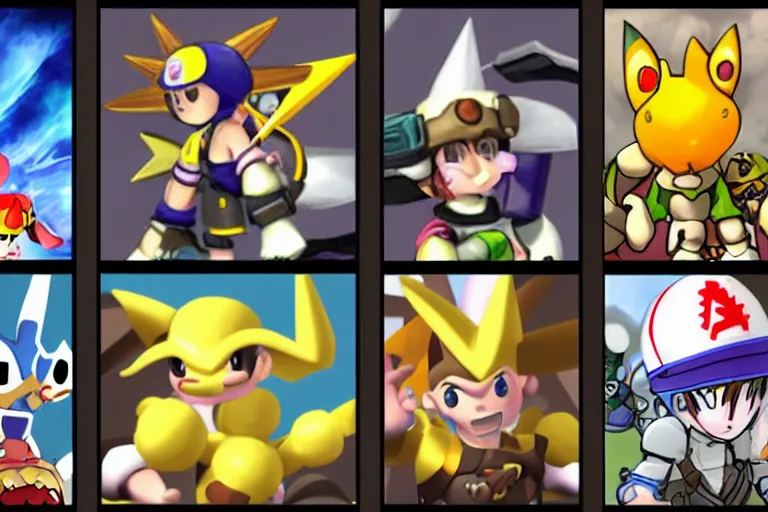 Image similar to a fusion of the following games ; dark cloud 2, pokemon legends : arceus, bomberman 6 4, clayfighter