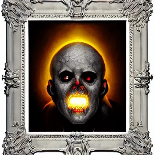 Image similar to divine zombie head symbol glowing in white yellow light spell scroll art by artgerm and greg rutkowski and Craig Mullins, James Jean, Andrey Ryabovichev, Mark Simonetti and Peter Morbacher 16k