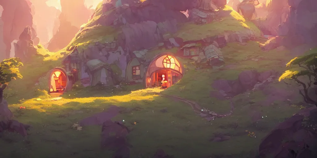 Prompt: magic hobbit mushrooms house in mountains, by cory loftis & akihiko yoshida & james gilleard & atey ghailan & makoto shinkai & goro fujita & studio ghibli, rim light, exquisite lighting, clear focus, magic atmosphere, very coherent, plain background, soft painting