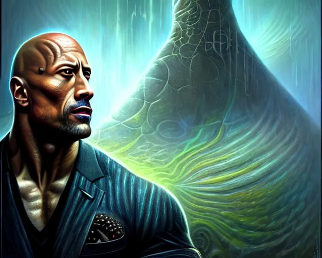 Prompt: lovecraft biopunk portrait of dwayne johnson, fractal background, by tomasz alen kopera and peter mohrbacher