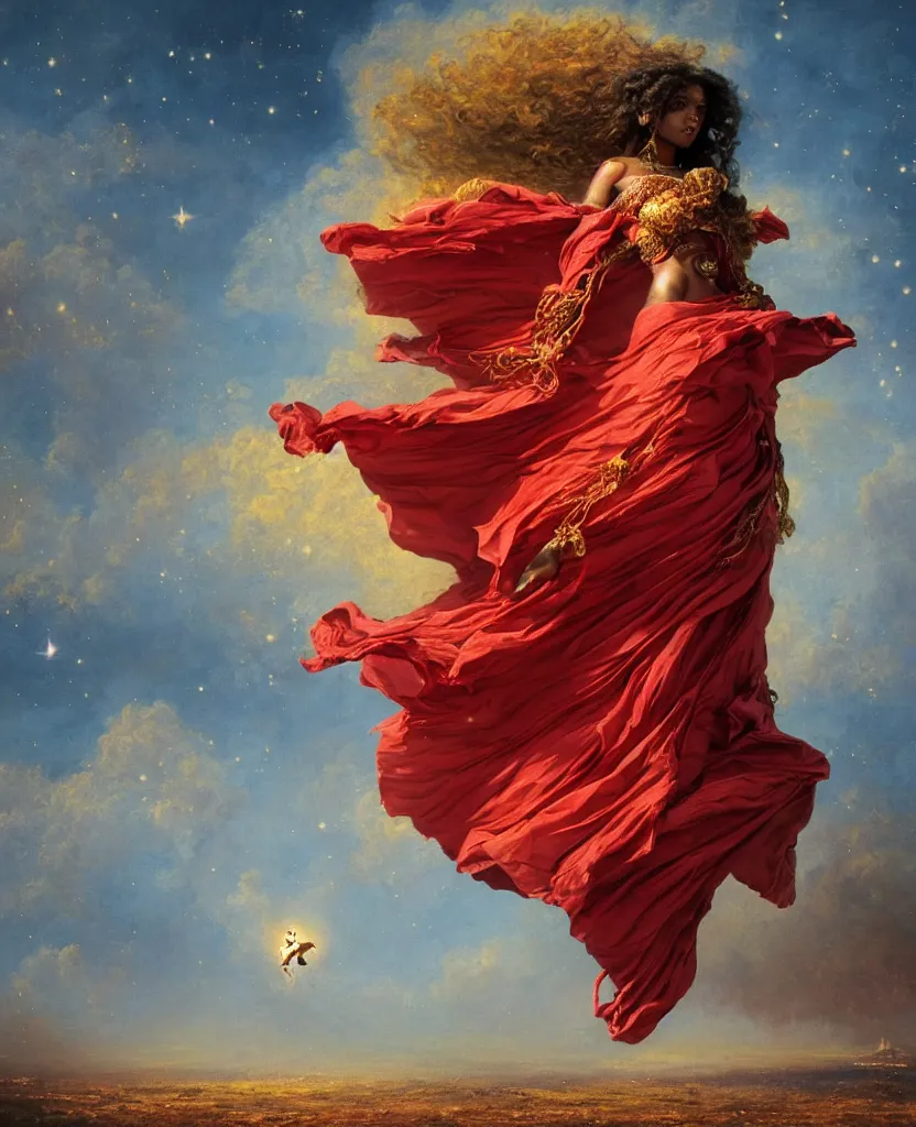 Prompt: a brown skinned goddess with long dark curly hair and a red dress, windy, golden details, shooting stars, stoic, modern, shes alone, maximalist fashion dress, hyperdetailed, dramatic, epic painting, painted by jean honore fragonard and greg rutkowski, full body, octane render, sharpness, 8 k, golden ratio