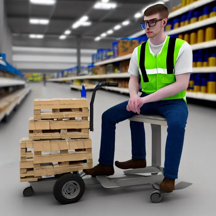 Prompt: hyperrealistic photo of a pale white walmart employee using a pallet jack, wearing a walmart vest, with square glasses, sitting, 8 k octane beautifully detailed render, post - processing, extremely hyperdetailed, trending on artstation