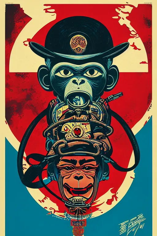 Image similar to monkey face tattoo propaganda screen printing poster, art style wwii posters, jean giraud moebius comic art, sachin teng, shepard fairey, obey, street art, iconic, masterpiece, organic painting, hard edges, ornate and hyper detailed