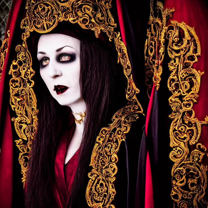 Prompt: professional photograph of a real - life vampire queen with ornate robes. extremely detailed. dslr. 5 0 mm 8 k