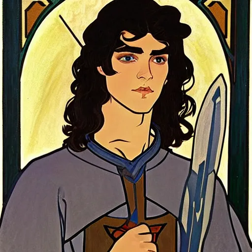 Prompt: painting of young handsome beautiful paladin elf! man with long wavy dark hair in his 2 0 s named shadow taehyung at the blueberry party, wearing armor!, elegant, clear, painting, stylized, delicate, soft facial features, art, art by alphonse mucha, vincent van gogh, egon schiele,