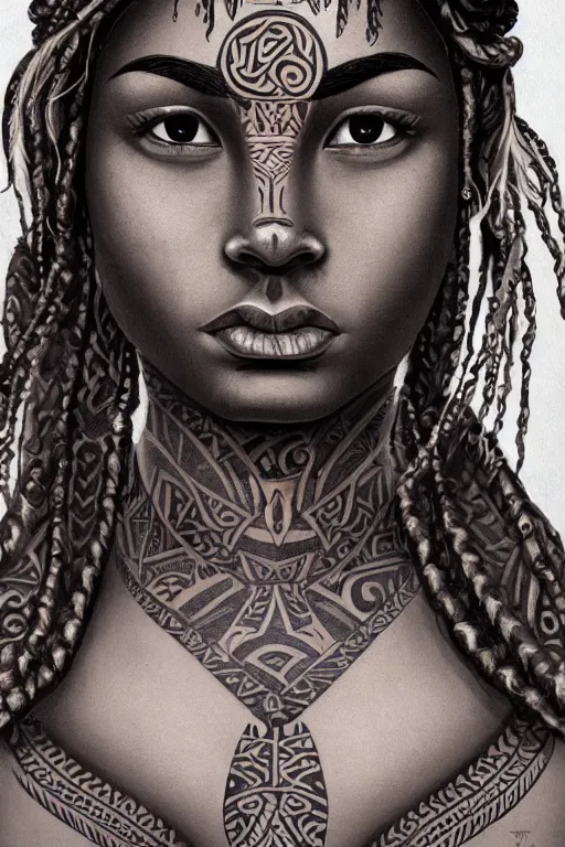 Prompt: A bust of a beautiful dark skinned Maori girl with tribal Maori tattoos and smooth eyebrows and straight hair, HD, illustration, epic, fantasy, intricate, elegant, amazing detail, digital painting, artstation, concept art, smooth, sharp focus, illustration, art by Turine Tran
