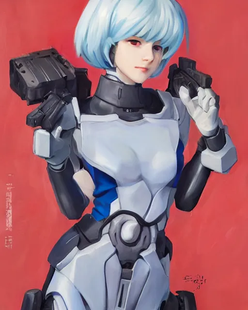 Image similar to greg manchess anime style portrait painting of rei ayanami as an overwatch character, medium shot, asymmetrical, profile picture, organic painting, sunny day, matte painting, bold shapes, hard edges, street art, trending on artstation, by huang guangjian and gil elvgren and sachin teng