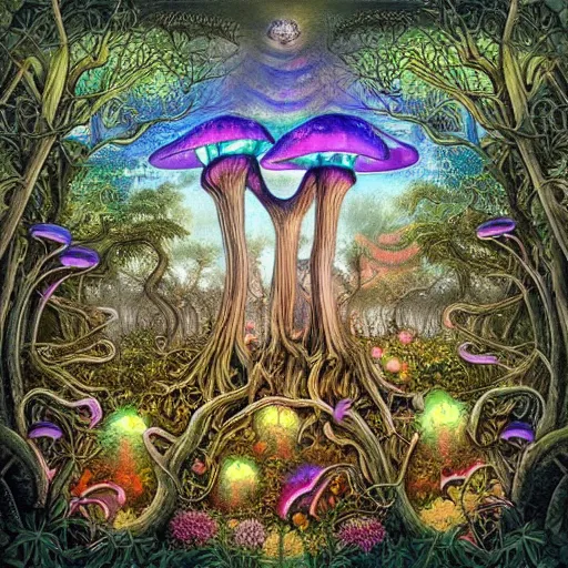 Image similar to psychedelic fantasy forest with glowing mushrooms and eerie trees in the style of Ernst Haeckel and Daniel Merriam, perfect award winning album art