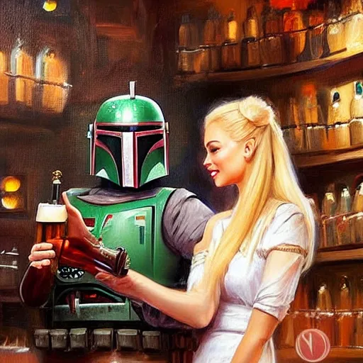 Image similar to Boba Fett and a beautiful young blonde drinking beer in a wine cellar, food, meat, schnapps, torches on the wall, romantic, inviting, cozy, painting by Vladimir Volegov