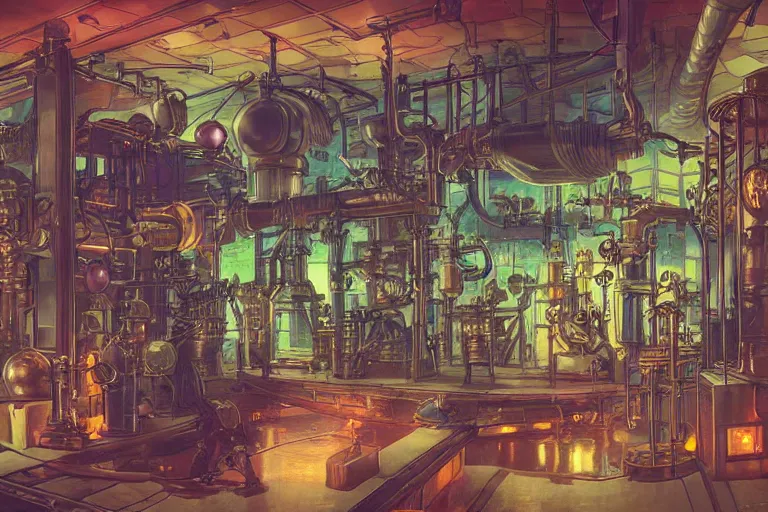 Prompt: steampunk laboratory filled with alchemy equipment, scientist working, pespective, giant screens, sci - fi vending machine, concept art by mucha, dynamic light, volumetric light, neon lights, cinematic mood