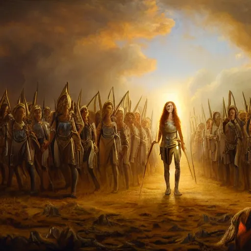 Image similar to the goddesses fraya going to war with her army, oil painting, golden hour, 8 k uhd, high detail, awe - inspiring.