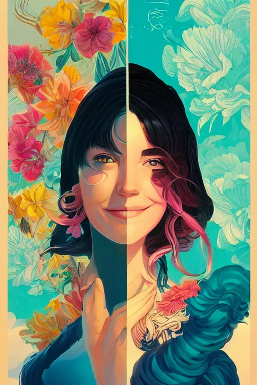 Prompt: a smiling cute woman beautiful skin and wavy hair, tristan eaton, victo ngai, artgerm, rhads, ross draws