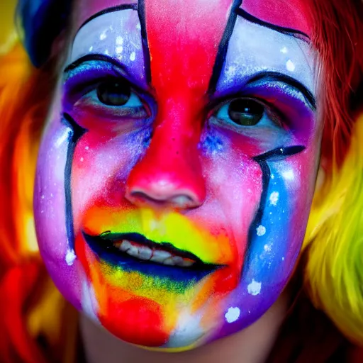 Prompt: a portrait of a abstract girl who has abstract face - painting like a clown smiling creepily. depth of field. lens flare