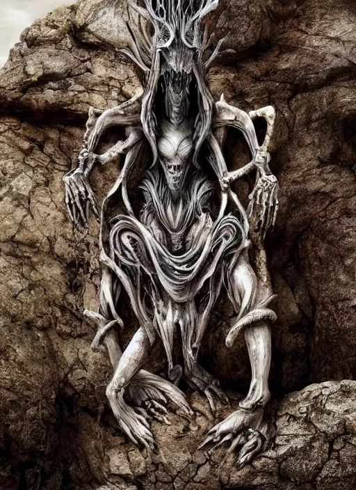 Prompt: hyper realistic photography of intricate horrific alien bone god sitting on ruined ornamented rock throne in a rocky cave detailed, artstation, cgsociety