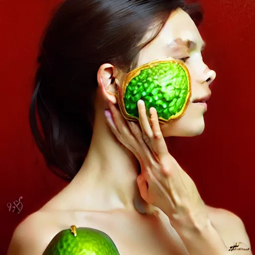 Prompt: avocado, instead of a bone, the head of ilona mask, elegant, highly detailed, my rendition, digital painting, artstation, concept art, smooth, sharp focus, illustration, art by artgerm and greg rutkowski and alphonse mucha and uang guangjian and gil elvgren and sachin teng, symmetry!!