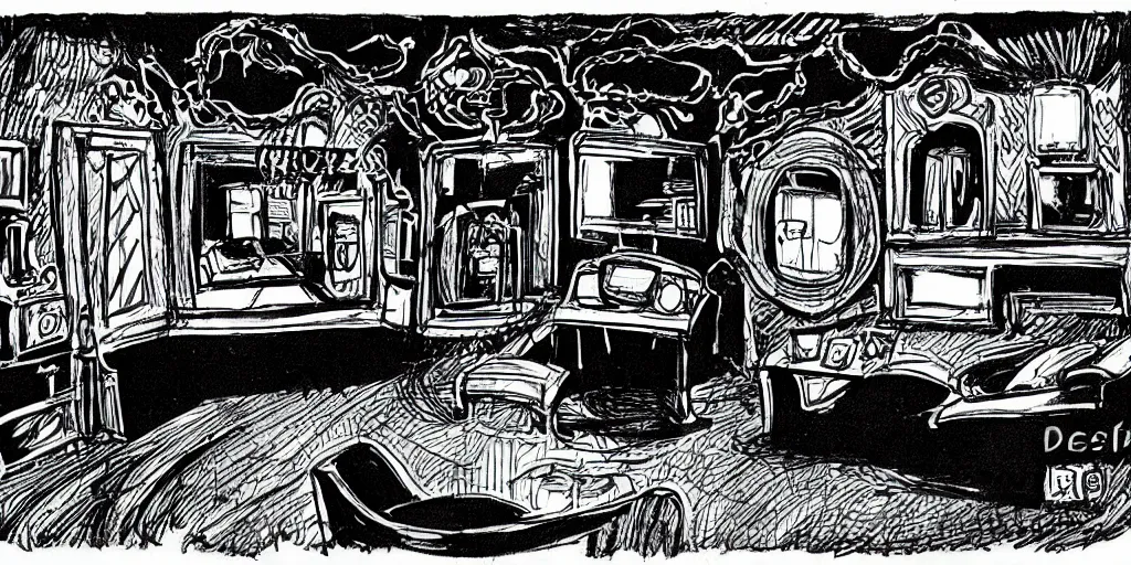 Image similar to a dimly lit, theater dressing room, with a mirror, a chair, a couch, day of the tentacle style, drawn by Peter Chan