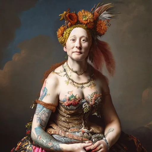 Image similar to ultra detailed, 4 k portrait of a tattooed woman in baroque dress, fully dressed by rachel ruysch