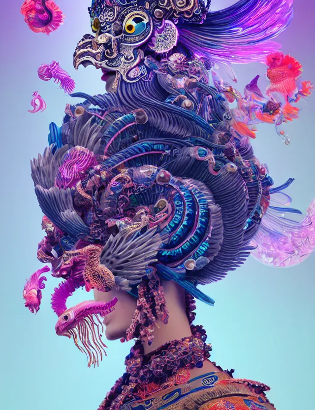 Image similar to 3 d goddess close - up profile portrait with crown, ram skull. beautiful intricately detailed neon japanese crow kitsune mask and clasical japanese kimono. betta fish, jellyfish phoenix, bio luminescent, plasma, ice, water, wind, creature, artwork by tooth wu and wlop and beeple and greg rutkowski