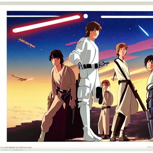 Prompt: film still Poster of Star Wars A New Hope Artwork by Dice Tsutsumi, Makoto Shinkai, Studio Ghibli