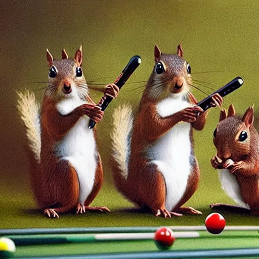 Prompt: squirrels playing pool in the style of cassius marcellus coolidge