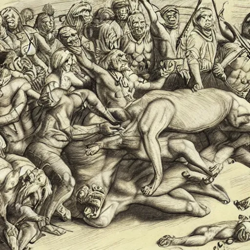 Image similar to highly detailed man wrestling against a lion in the middle of an arena, crowd of people, pencil art, added detail, high definiton, colored, aerial view