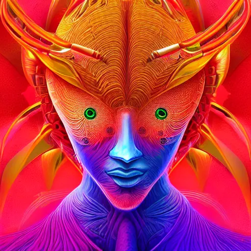 Image similar to Face of a Alien Deity, centered, corals, plume made of geometry, extremly detailed digital painting, sharp focus in the style of android jones, artwork of a futuristic artificial intelligence superstar with frames made of detailed circuits, mystical colors, rim light, beautiful lighting, 8k, stunning scene, raytracing, octane, under water visual distortion, dark tones colors, trending on artstation