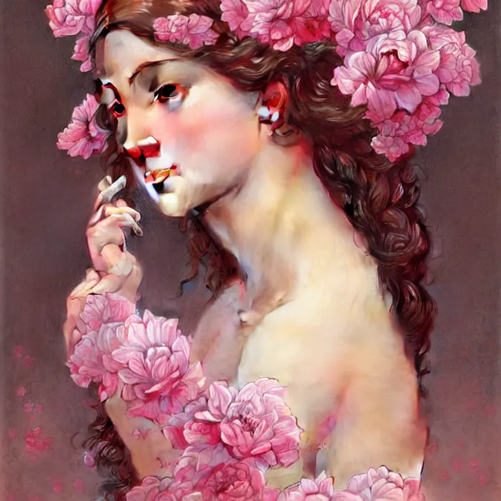 Image similar to pink petals with a ahape of a wonderful goddess, intricate, elegant, highly detailed, wonderful eyes, sweet, digital painting, artstation, concept art, smooth, sharp focus, illustration, art by artgerm and greg rutkowski and alphonse mucha and william - adolphe bouguereau