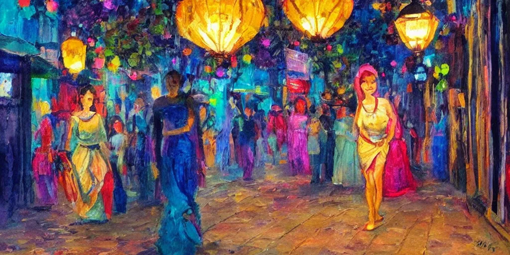 Prompt: “a vibrant painting of a beautiful princess walking through a bohemian night market light by lanterns”