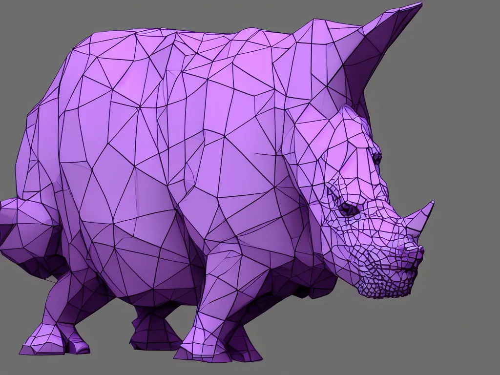 Prompt: translucent glass rhino, purple background, 3d low poly refraction raytraced