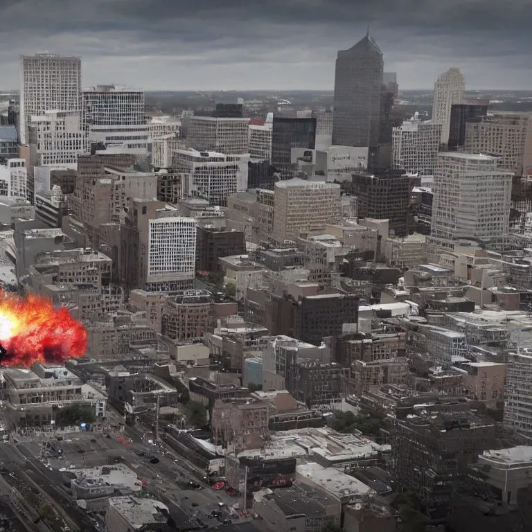 Image similar to hyperrealistic photo of Godzilla terrorizing downtown Omaha