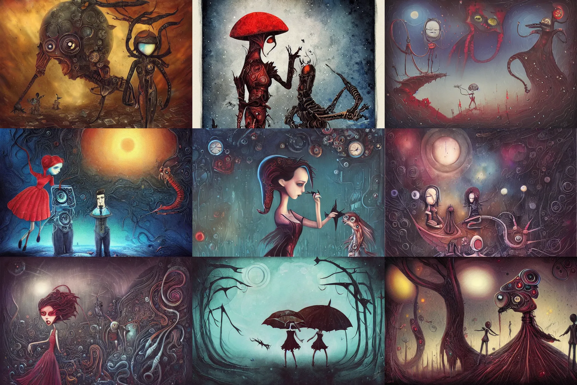 Prompt: Alice joins a Caucus-race to get dry, biomechanoid, sci-fi, dramatic, art style Megan Duncanson and Benjamin Lacombe, super details, dark dull colors, ornate background, mysterious, eerie, sinister