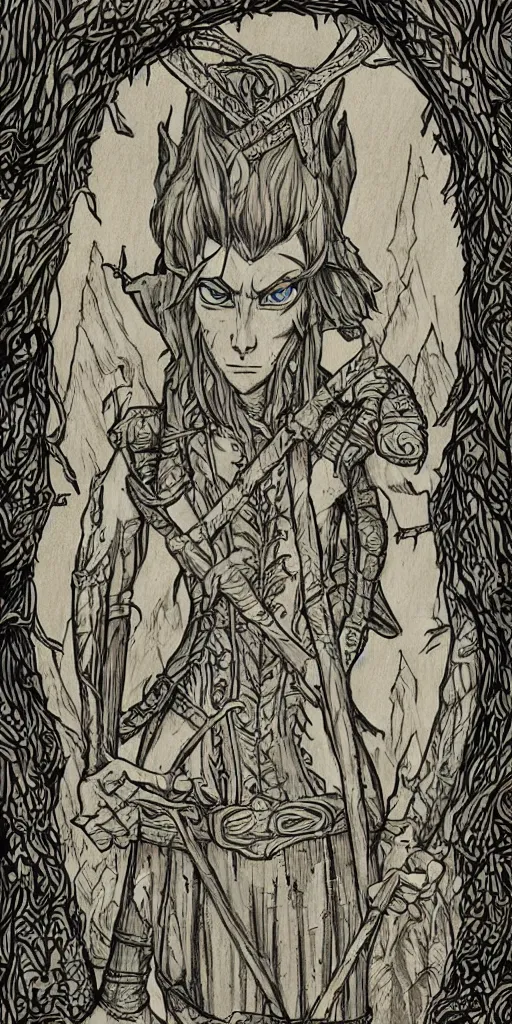 Image similar to an wood elf boy getting ready for an high fantasy adventure on the mountain side, anime style, tarot card, Tarot card the fool, intricate detail, fine line work