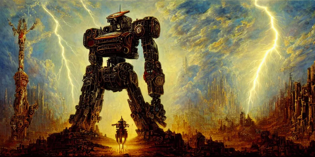 Prompt: Giant War Robot in the middle of Toyto in style of Gustave Moreau. Symbolism, Detailed Art, 8K, Epic, Dynamic Lightning.