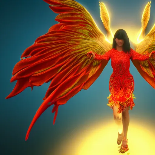 Image similar to a beautiful orchid phoenix angel woman, in an ornamented dress with large wings, photorealism, octane, unreal engine, volumetric light, god rays, 8 k high resolution, rubies