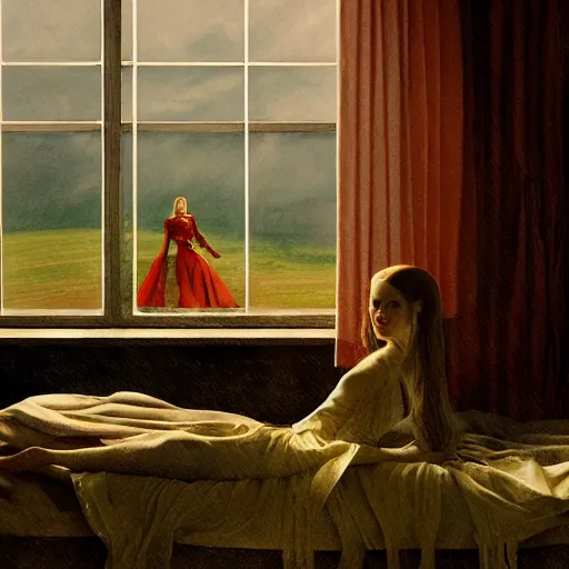 Image similar to Elle Fanning in the painted world of Crimson Peak, head and shoulders masterpiece, apocalypse, golden hour, cosmic horror, artstation, in the style of Andrew Wyeth and Edward Hopper and Bosch, extremely detailed