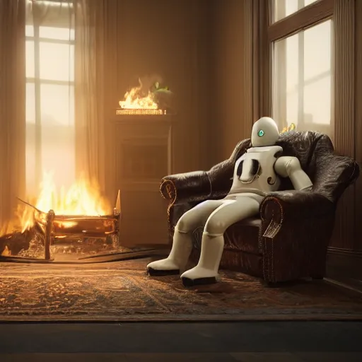 Image similar to Lonely and depressed robot reclining on a fainting couch in front of a cozy fire in a large fireplace in a Victorian home in the future, octane render, extremely detailed, cinematic lighting, 8k, lens flare, cinematic movie photograph, closeup portrait, trending on artstation, cgsociety, award-winning art, by Simon Stalenhag