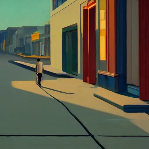 Prompt: o portrait of an astronaut walking down a lonely street, in the style of Edward Hopper, 4k,