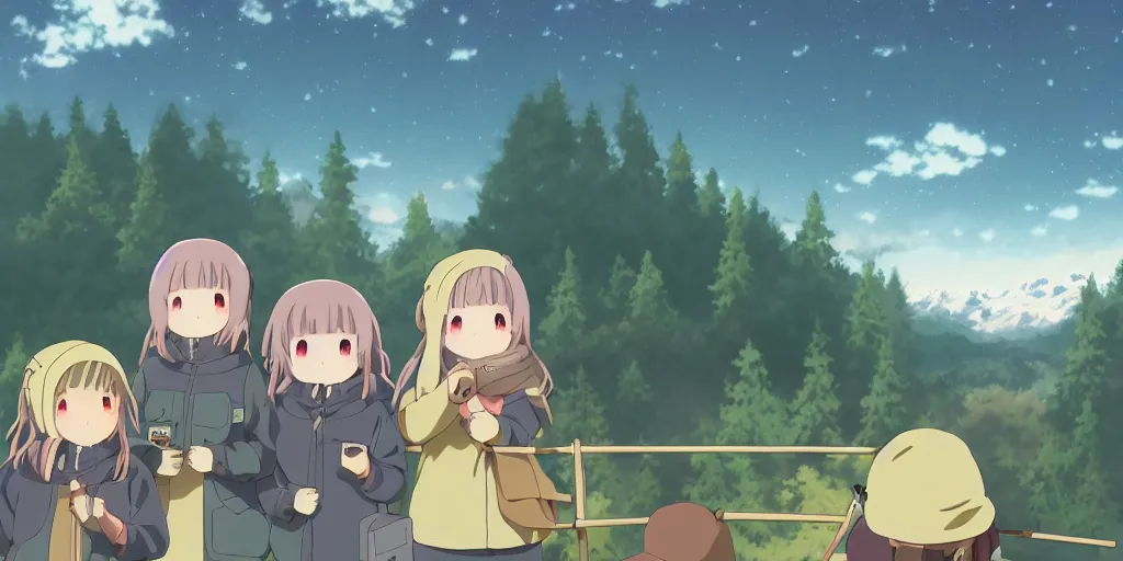 Prompt: Anime Yuru Camp, Yama no Susume, Cinematic Matte Painting, Cute Faces and Shining Eyes, Colorful, Insanely Detailed, Award Winning, Trending on Artstation, 8k, UHD