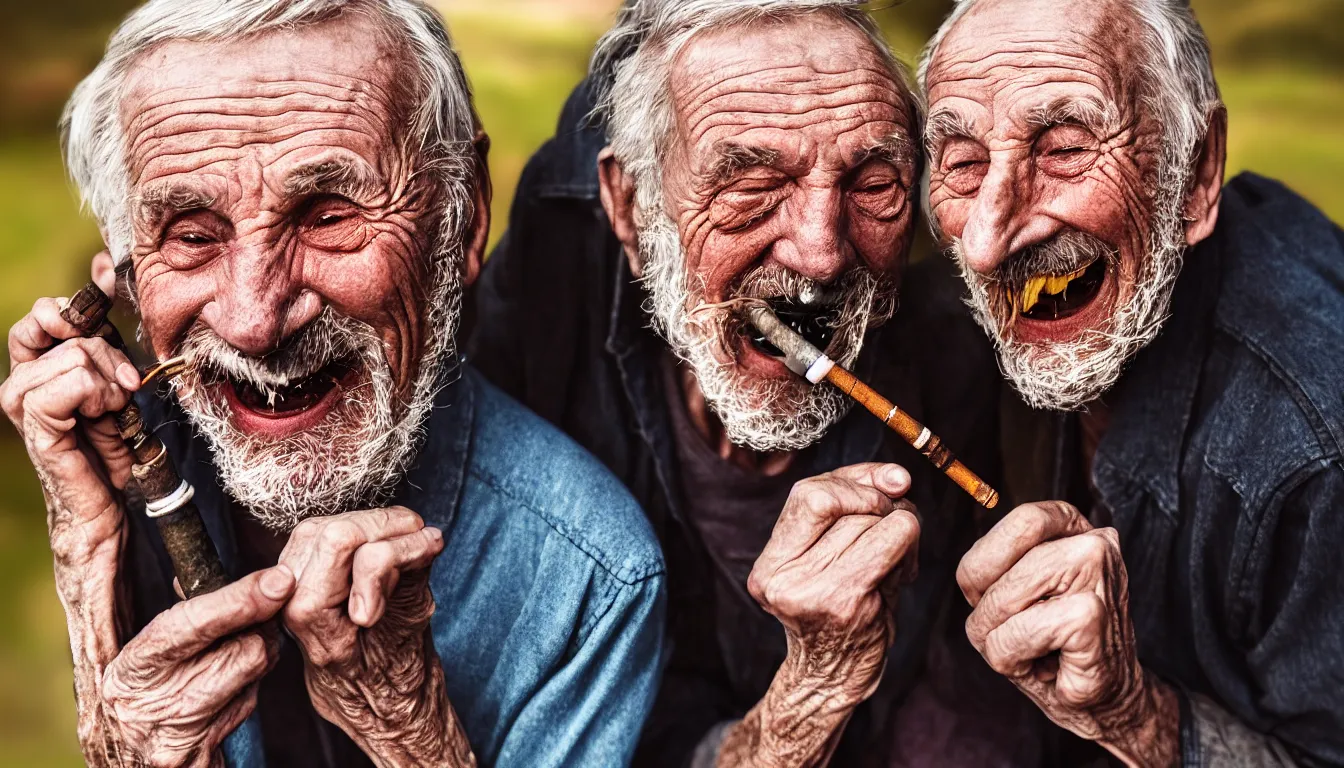 Prompt: hyper realistic color photo, portrait of a single weathered old man and aesthetic laughing woman smoking pipe, cables, vapour emerge from their eyes, dramatic lighting and shadow!!, full colour, upscale, 8 k, masterpiece