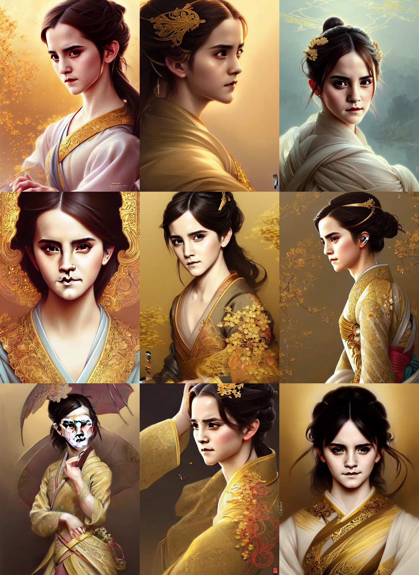 Prompt: asian emma watson portrait, golden furisode, d & d, fantasy, intricate, elegant, highly detailed, digital painting, artstation, concept art, smooth, sharp focus, illustration, art by artgerm and greg rutkowski and alphonse mucha