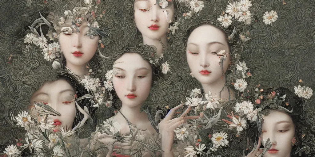 Image similar to breathtaking detailed concept art painting art deco pattern of faces goddesses of white flowers with anxious piercing eyes and blend of flowers and birds, by hsiao - ron cheng and john james audubon, bizarre compositions, exquisite detail, extremely moody lighting, 8 k