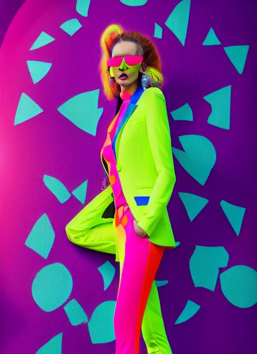 Image similar to bright trouser suit for a rave, bright colors, many details, prints, photo for a magazine, photo for a store, fashion photography, Vogue, 135 mm, cinematic, hyper realism, high detail, 8k, Two models in the frame, dynamic pose,Smooth skin, perfect face