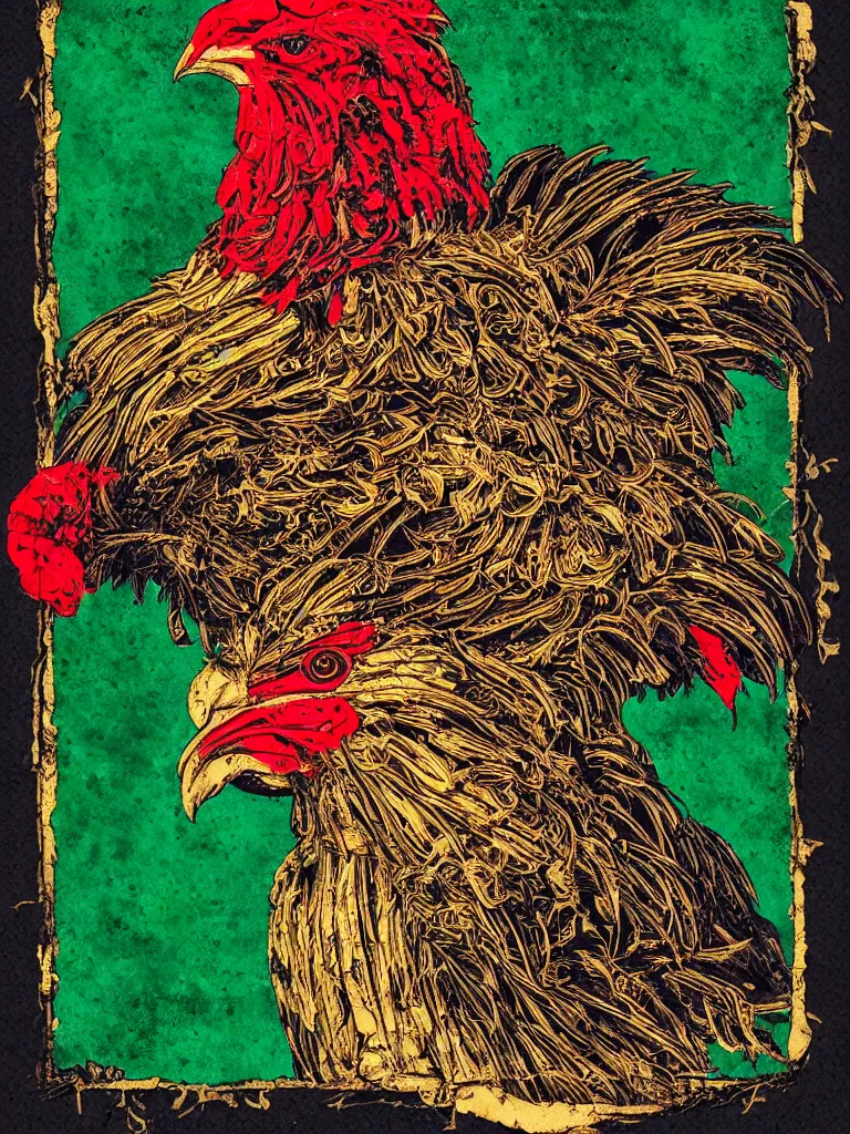 Prompt: dark military portrait of a majestic Fat!!!! Black Rooster, the King of rooster old decrepit tarot card, red gold black royal tarot card background, with blunt brown border, with green Cannabis Leaves, ultra-detailed pen and ink illustration, vibrant red and green colours, shiny gold, sharp focus, matte painting, symmetrical, golden ratio, cgsociety, concept art, 8k, octane render, artstation, art by greg rutkowski and Alphonse Mucha